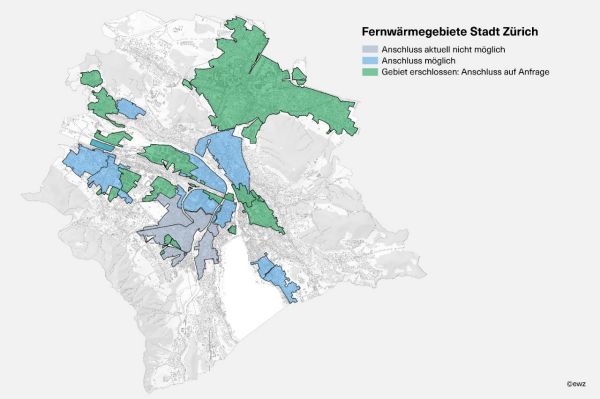 ewz Fernwärmegebiete mit Gebietsauftrag der Stadt Zürich. Die Farbe Grau steht für "Gebiet in Planung. Die Farbe Blau steht für "Gebäude in Erschliessung". Die Farbe Grün steht für "Gebäude erschlossen".