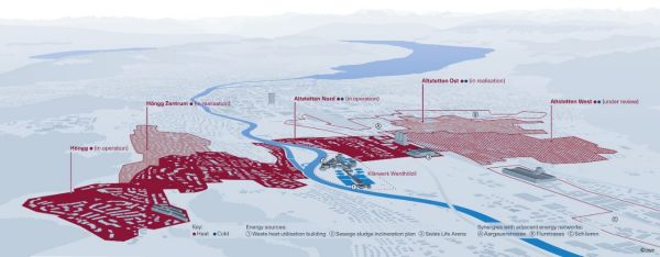 Perimeters of the Altstetten and Höngg energy network. When completed, the energy network will supply around 30,000 households with local, climate-friendly heating (172 GWh) and cooling (35 GWh).