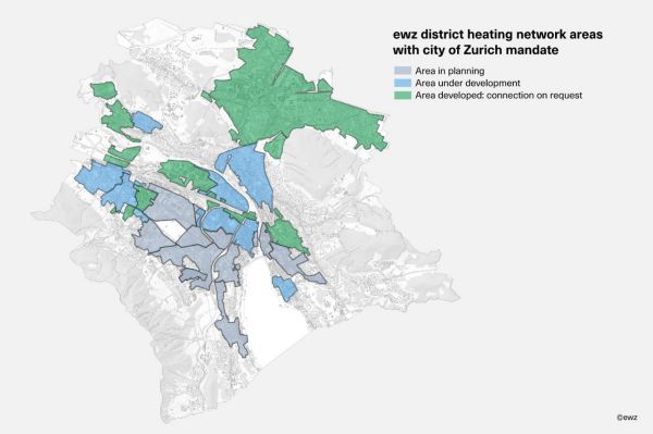 ewz district heating network areas with city of Zurich mandate. The colour grey stands for ‘area in planning’. The colour blue stands for ‘building being connected’. The colour green stands for ‘building connected’.