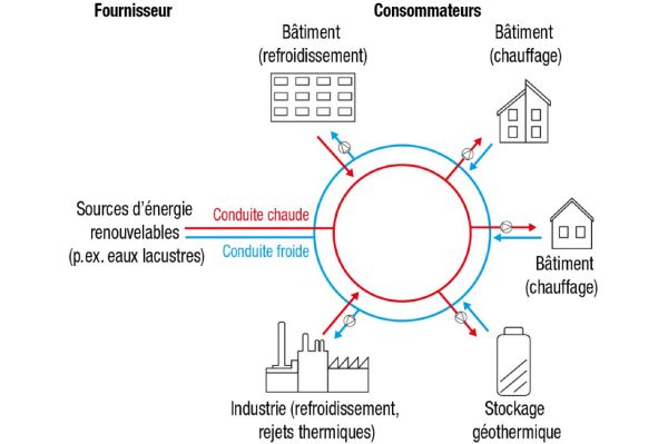 Dans un réseau basse température, les consommateurs et consommatrices peuvent prélever l’énergie thermique de la conduite chaude ou de la conduite froide, selon qu’il s’agit de chauffer ou de refroidir. Ils peuvent également réinjecter la chaleur résiduelle dans le réseau et devenir ainsi eux-mêmes des fournisseurs. (Graphique: Haute École de Lucerne)