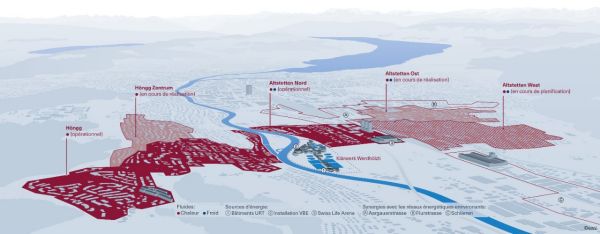Périmètre du réseau énergétique d’Altstetten et de Höngg. Une fois achevé, le réseau énergétique approvisionnera environ 30 000 ménages en chaleur (172 GWh) et en froid (35 GWh) locaux et respectueux du climat.