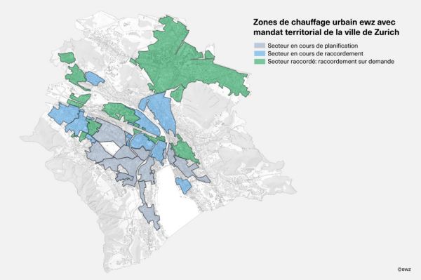 Zones de chauffage urbain ewz avec mandat territorial de la ville de Zurich. La couleur grise signifie «Secteur en cours de planification». La couleur bleue signifie «Bâtiment en cours de raccordement». La couleur verte signifie «Bâtiment raccordé».