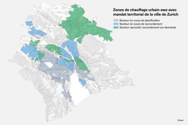 Zones de chauffage urbain ewz avec mandat territorial de la ville de Zurich. La couleur grise signifie «Secteur en cours de planification». La couleur bleue signifie «Bâtiment en cours de raccordement». La couleur verte signifie «Bâtiment raccordé».