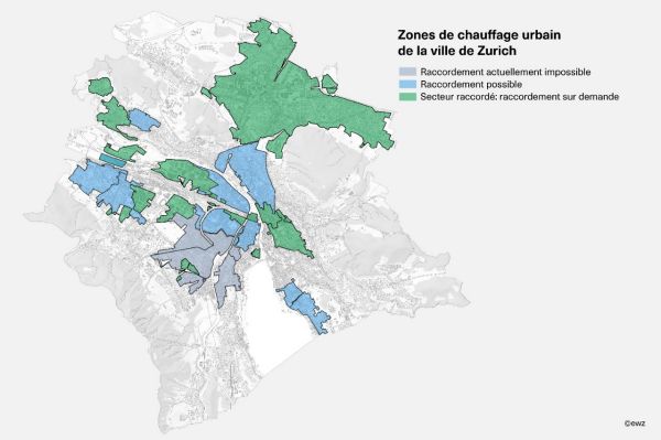 Zones de chauffage urbain ewz avec mandat territorial de la ville de Zurich. La couleur grise signifie «Secteur en cours de planification». La couleur bleue signifie «Bâtiment en cours de raccordement». La couleur verte signifie «Bâtiment raccordé».
